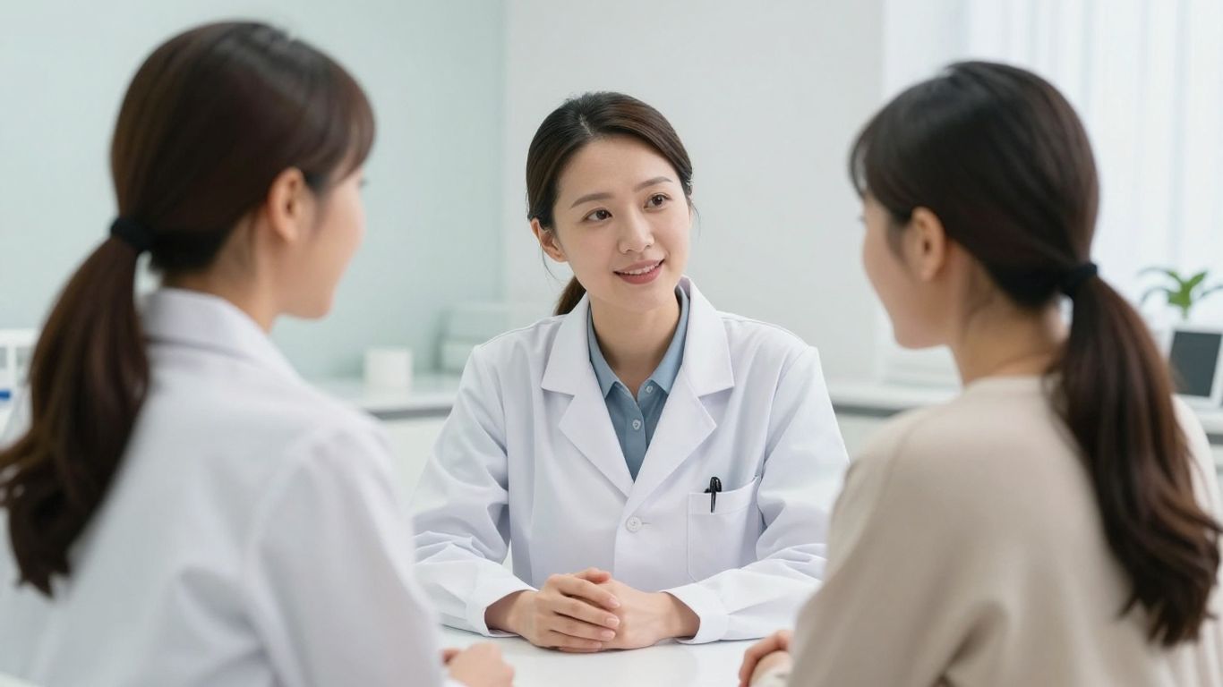 Médica e paciente conversando em consultório ginecológico.