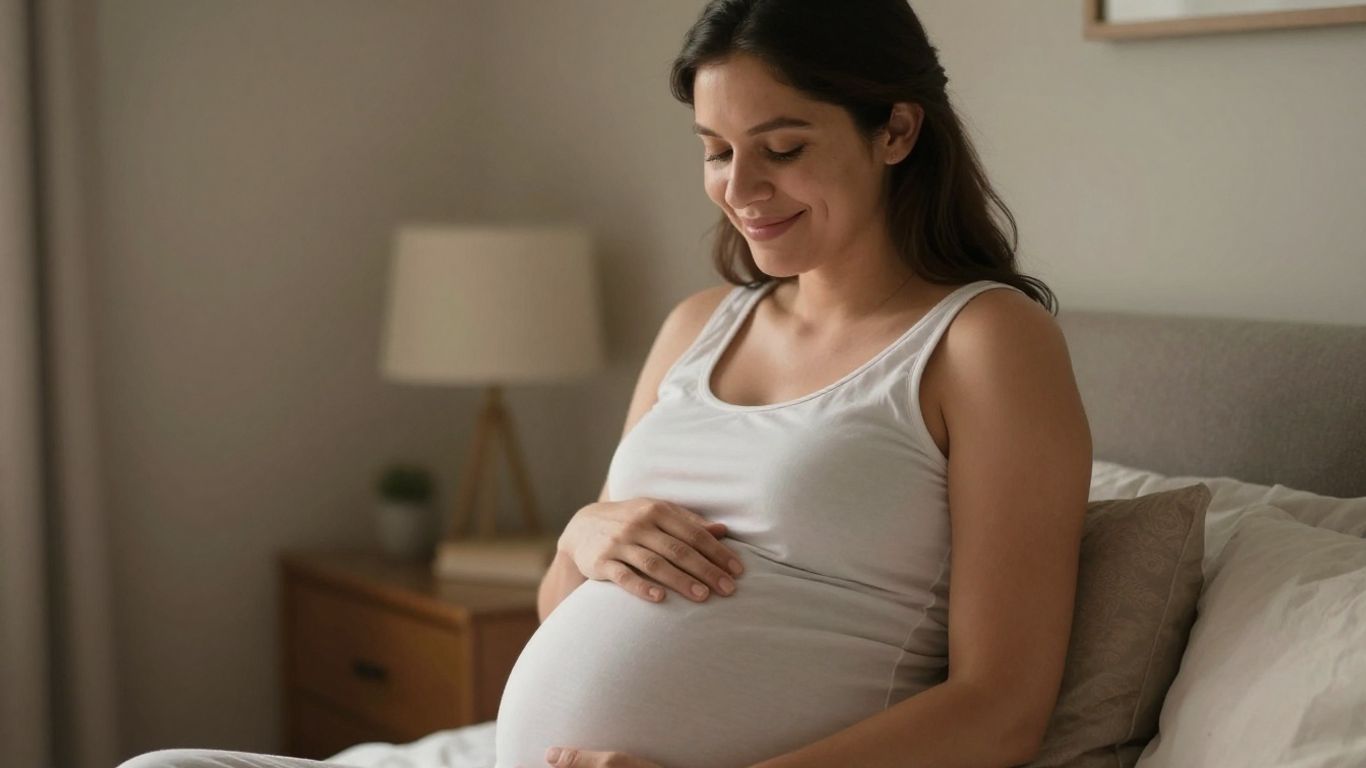 Mulher grávida tocando a barriga com um sorriso.