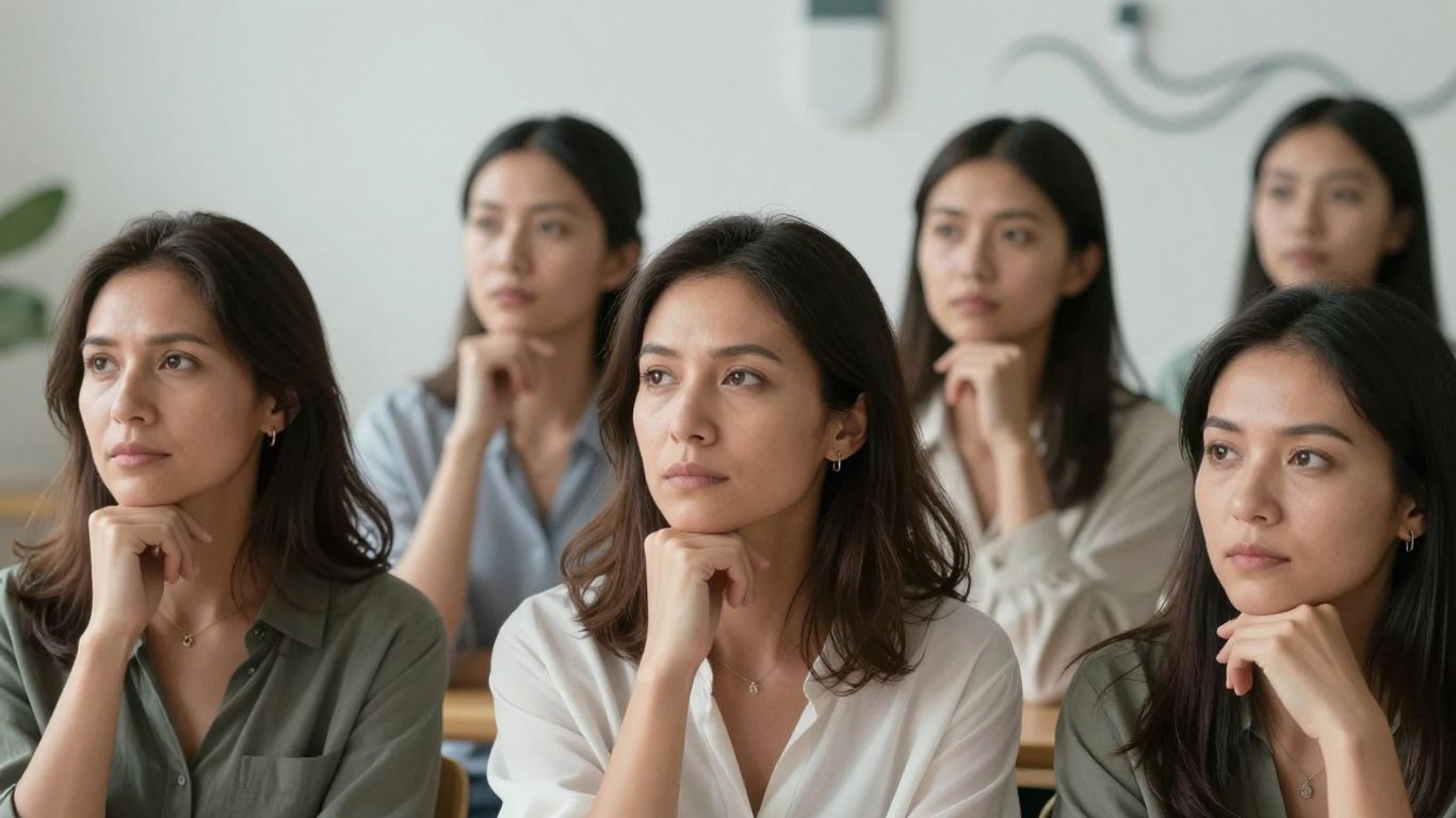 Mulheres pensativas sobre métodos contraceptivos.