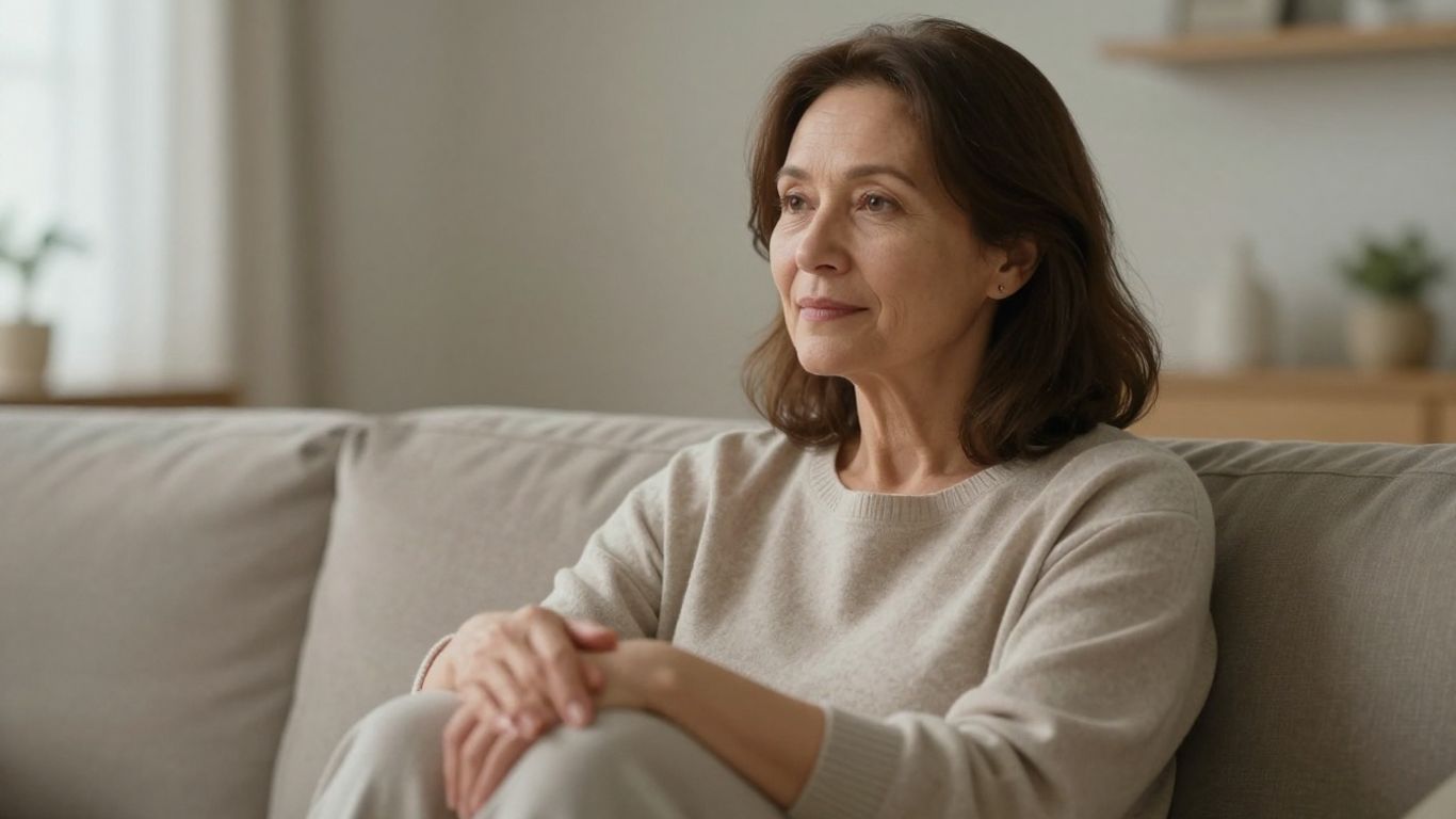 Mulher de meia-idade relaxando tranquila em casa