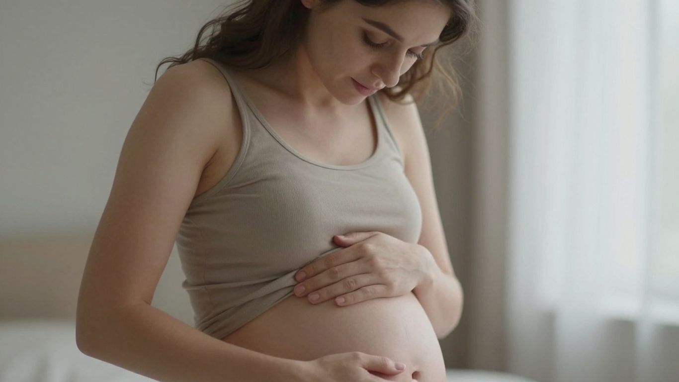 Mulher tocando o abdômen com expressão pensativa.