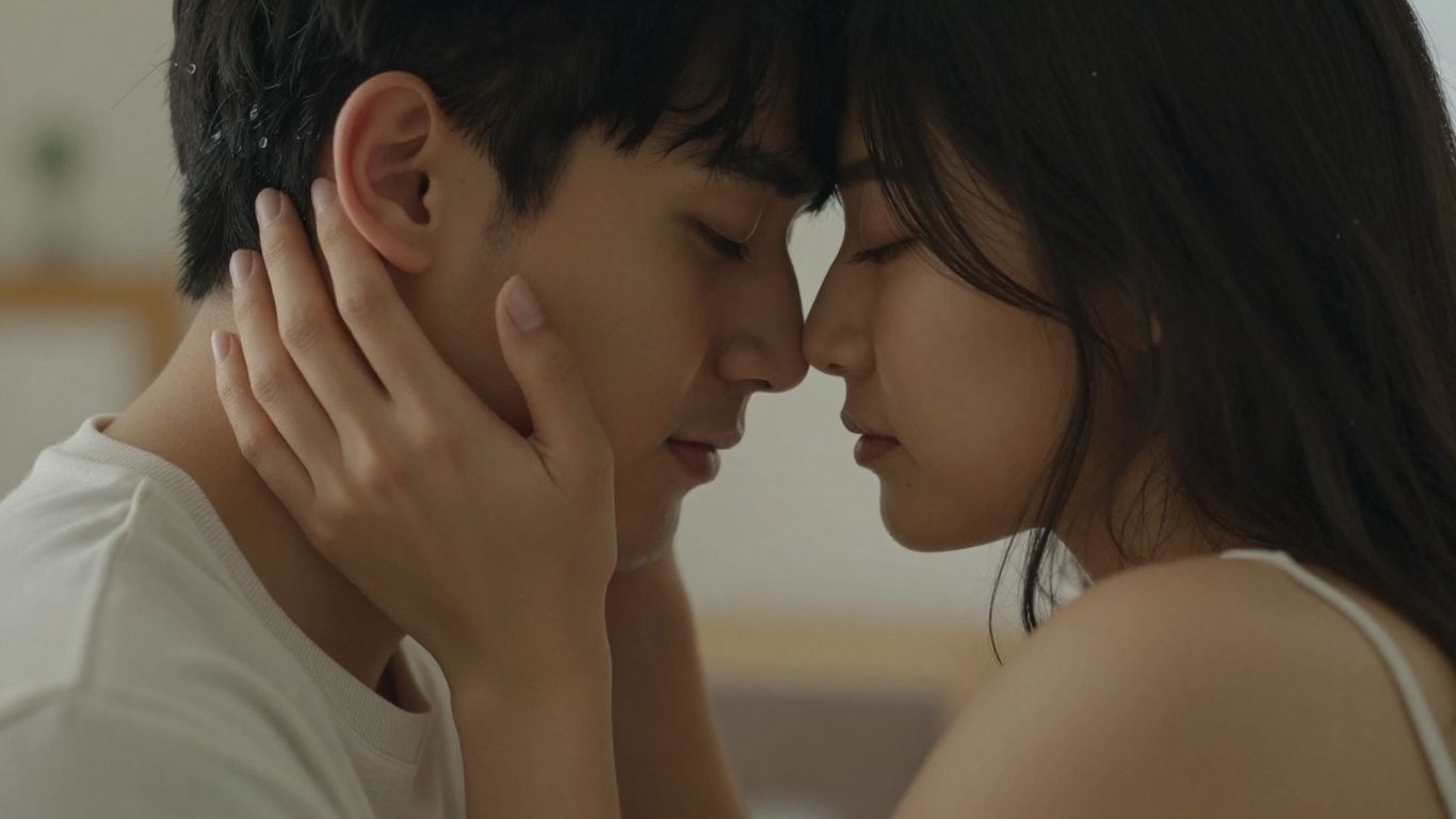 Casal em momento íntimo e acolhedor.