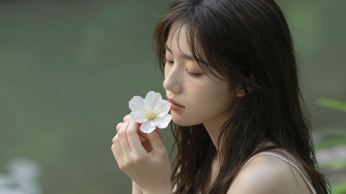 Mulher com flor, símbolo de higiene íntima e bem-estar.