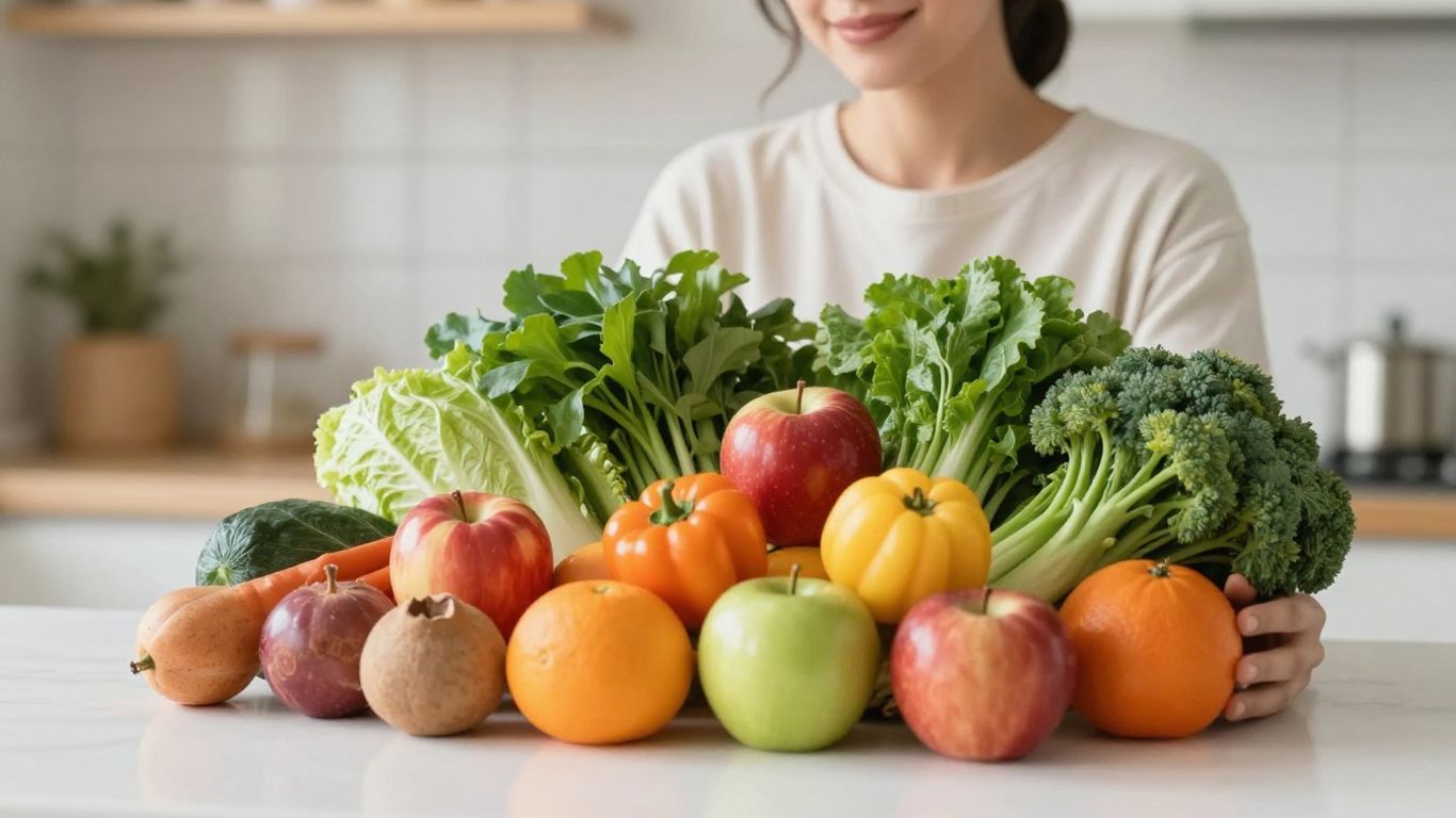 Mulher sorrindo com frutas e vegetais frescos.