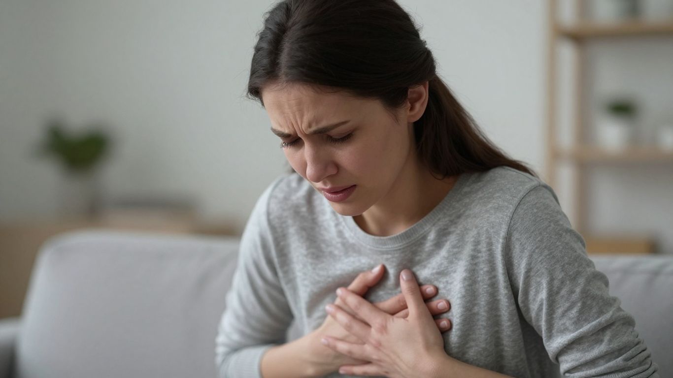 Mulher com dor abdominal, expressão de desconforto.