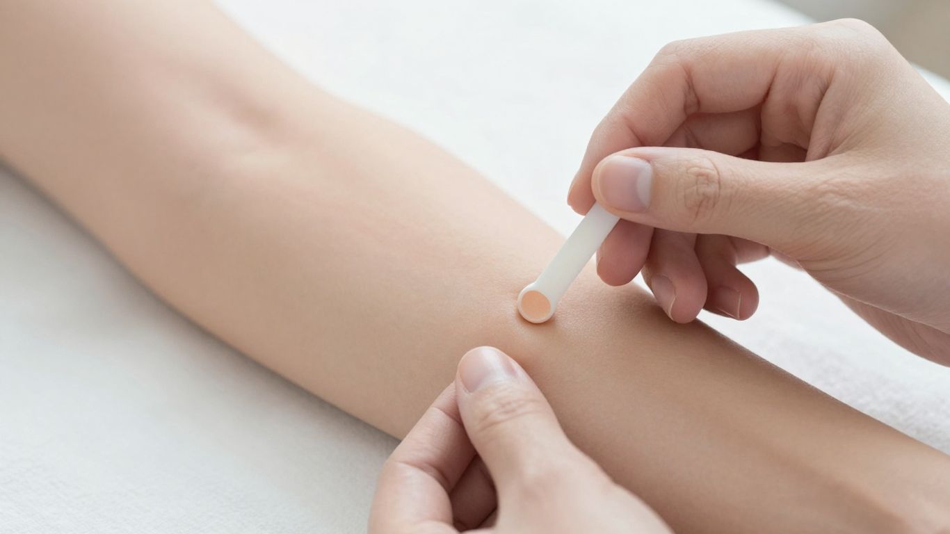 Implante de gestrinona sendo aplicado em braço de mulher.