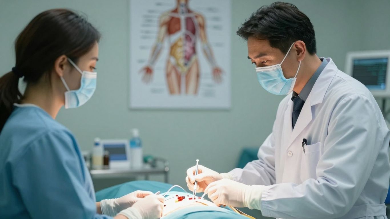 Médico explicando histerectomia para paciente em consultório.