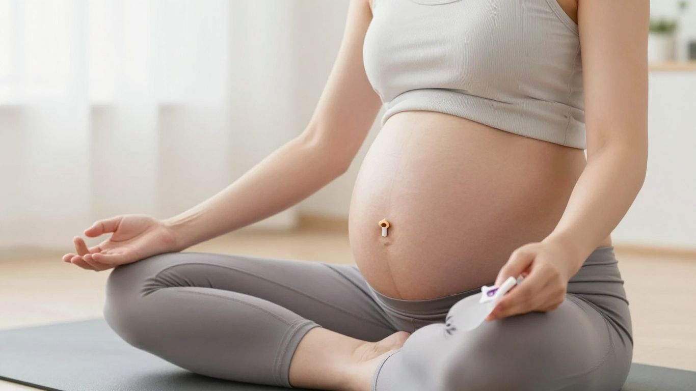 Grávida fazendo exercício e DIU no consultório médico.