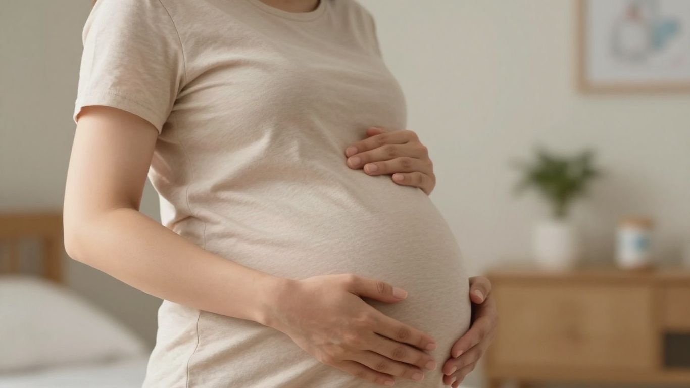Grávida sorrindo, abraçando a barriga em ambiente acolhedor.