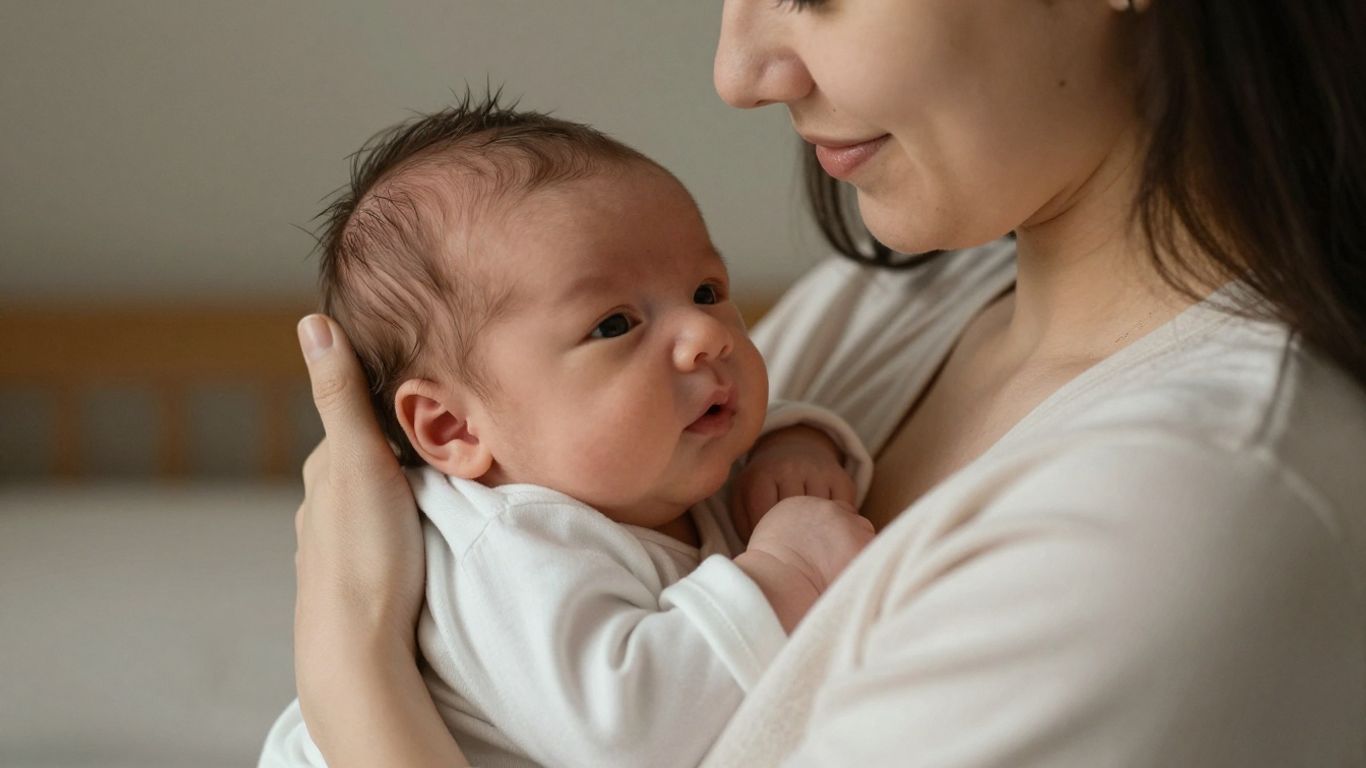 Mãe abraçando seu recém-nascido com carinho.